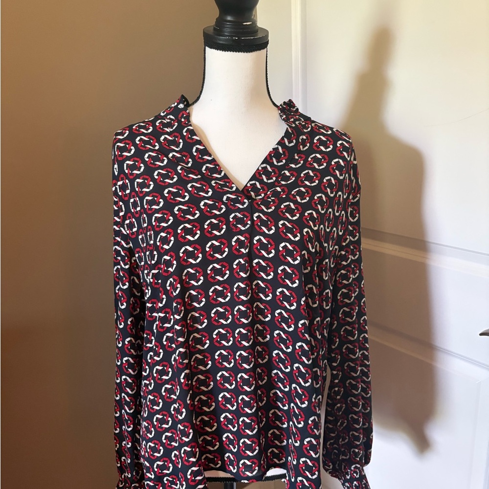 CAbi “Fountain Blouse” Women's Black and Red Patterned Blouse